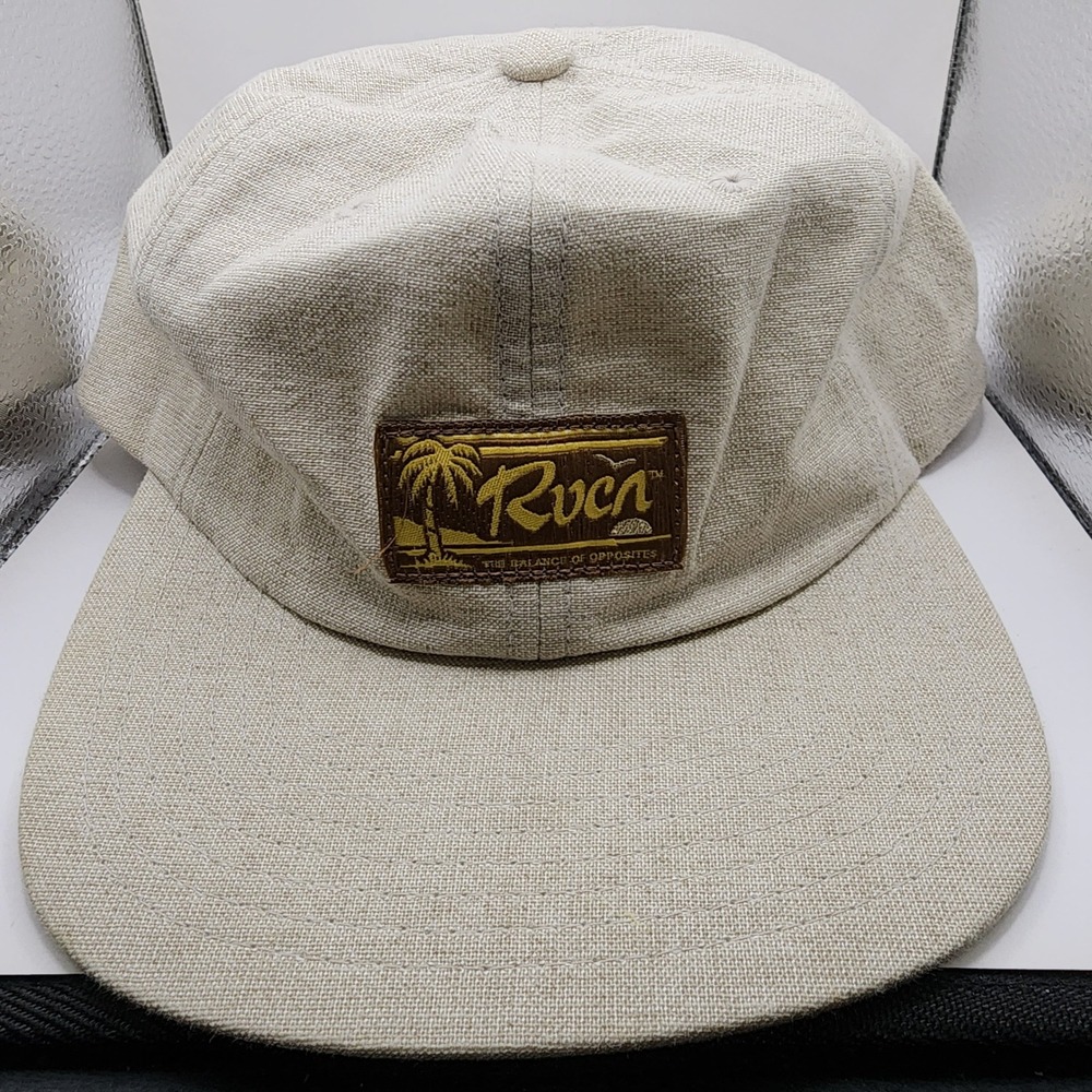 RVCA Snapback Hat Mens OSFM Beige Linen Blend Mid Fit Palm Tree Patch Cap